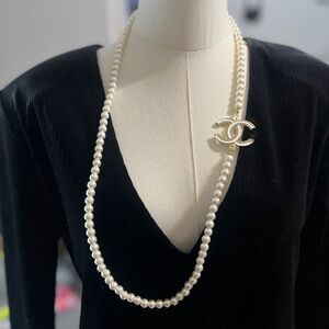 Long Double wrap Elegant Pearl Necklace with Gold Accent